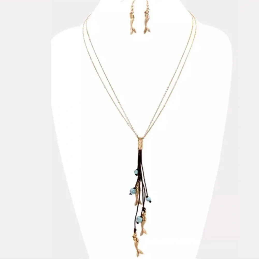 MERMAID‎ leather fringed & Gold Necklace & Earrings Set NWT